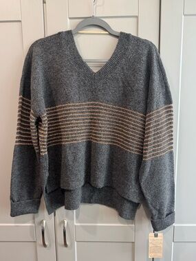 Democracy Charcoal V-Neck Sweater with Rose Gold Stripe Detail